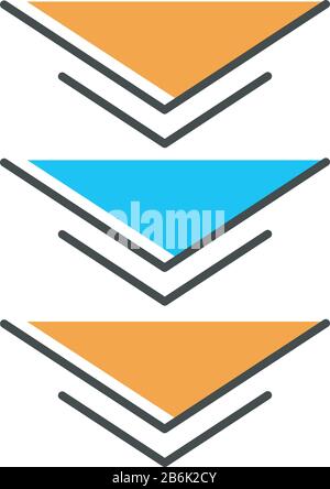 Three down arrows orange RGB color icon. Page browsing direction, download. Website pointer. Web cursor. Scrolldown application interface directional Stock Vector