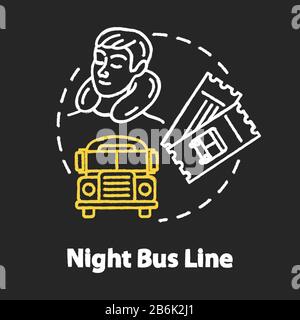 Night bus line chalk RGB color concept icon. Rest on the way idea. Sleeping tourist, international autobus and travel tickets Vector isolated Stock Vector