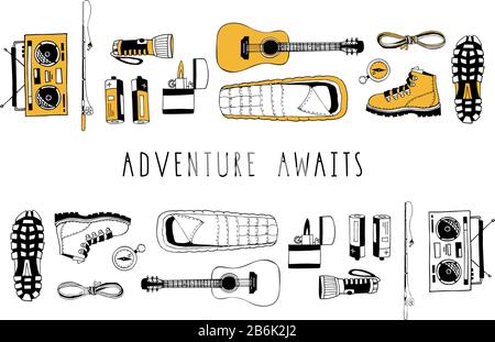 Vector set of hand drawn elements isolated on white. Camping. Boots, flashlight, rope, guitar, sleeping bag, compass, boombox radio receiver, fishing Stock Vector