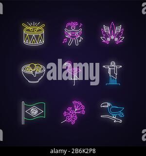 Brazilian culture neon light icons set. Traditional masquerade. Flamingo. Jesus statue. Carnival hat. Samba. Exotic birds. Signs with outer glowing Stock Vector
