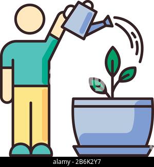 Watering sapling RGB color icon. Houseplant caring. Plant growing process. Indoor gardening. Moisturizing, rehydrating potting soil. Moistening plants Stock Vector