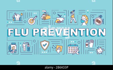 Flu prevention word concepts banner. Immunization with vitamin. Vaccination shot. Infographics with linear icons on turquoise background. Isolated Stock Vector