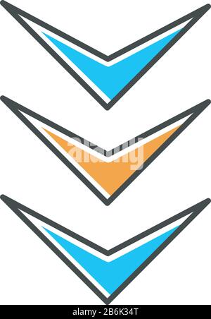 Three down arrows blue and orange RGB color icon. Page browsing vertical direction, download marker. Website pointer. Scrolldown cursor, next button Stock Vector