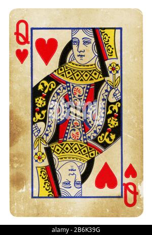 Queen of Hearts Vintage playing card isolated on white (clipping path included) Stock Photo