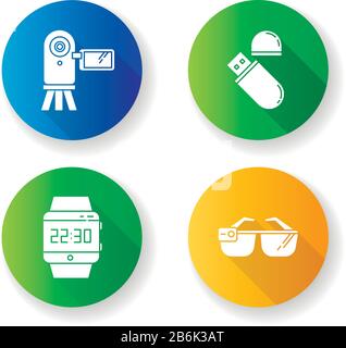 Mobile devices flat design long shadow glyph icons set. Pocket electronic gadgets. Flash drive, video camera. Smartwatch, smartglasses. Compact Stock Vector