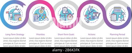 Long-term strategy vector infographic template. Achieving goals presentation design elements. Data visualization with 5 steps. Process timeline chart Stock Vector