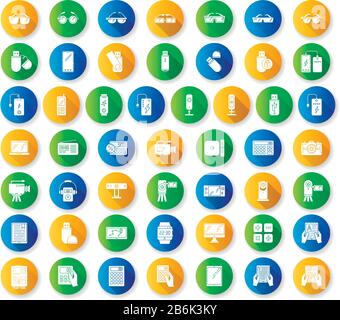 Mobile devices flat design long shadow glyph icons set. Handheld electronic gadgets. Smartphone, laptop, computer. E-reader, camera, powerbank Stock Vector