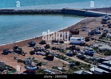 Hastings is a town and borough in East Sussex on the south coasof England, Hastings to the largest fishing fleet in Europe putting boats to the sea from the pebble beach Stock Photo
