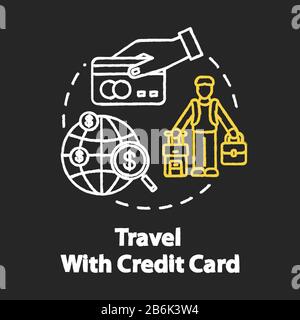 Travel with credit card chalk RGB color concept icon. Bonus system for tourists, money saving idea. Free mileage and baggage checks. Vector isolated Stock Vector