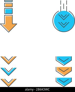 Down arrows blue and orange RGB color icons set. Double arrowhead in circle. Scrolldown buttons. Arrows interface navigation buttons. Website page Stock Vector
