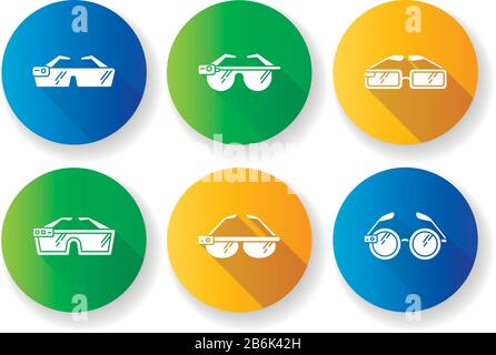 Smart glasses flat design long shadow glyph icons set. Smartglasses. Wearable computer optical gadgets. Augmented reality technology. Monitoring Stock Vector