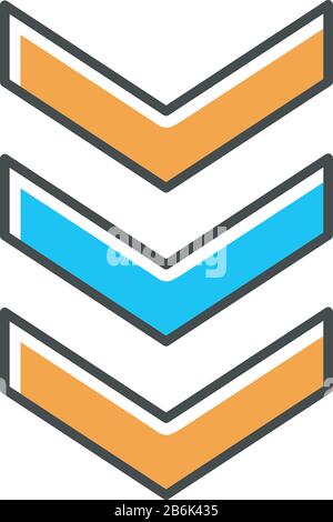 Three down arrows blue and orange RGB color icon. Vertical scrolling button. Downloading process indicator. Downward direction arrowheads. Scrolldown Stock Vector