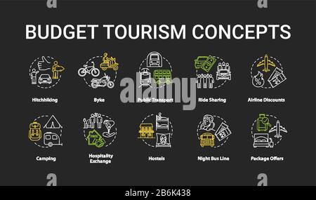 Budget tourism chalk RGB color concept icons set. Affordable travel idea. Money saving tips for tourists. Cheap transport and rest. Vector isolated Stock Vector