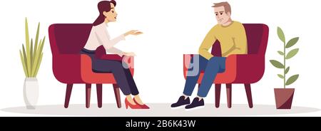 Therapy session semi flat RGB color vector illustration. Interview. Meeting. Couple in armchairs. People having conversation in cozy room. Psychology Stock Vector