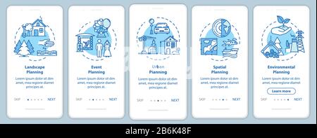 Landscape architecture onboarding mobile app page screen with concepts. Building infrastructure walkthrough 5 steps graphic instructions. UI vector Stock Vector