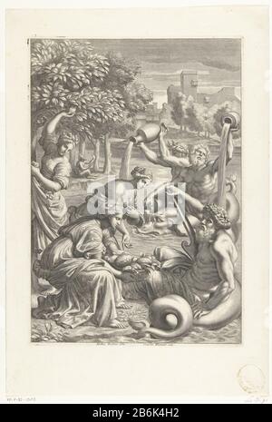 Three Hesperides bring lemons to Lake Garda Three Hesperides bring the first lemons the god of Lake Garda. This picture is an illustration for the introduction of C.C. Ferraris book on citrus. By itself invented mythological stories the author tries to verklaren. Manufacturer  the origin of the different lemon varieties: printmaker Cornelis Bloemaert (II) (listed building) in drawing: Nicolas Poussin (listed property) Place manufacture: Rome Date: 1640 - 1646 Physical characteristics: engra material: paper Technique: engra (printing process) Measurements: plate edge: h 297 mm × W 208 mmToelich Stock Photo