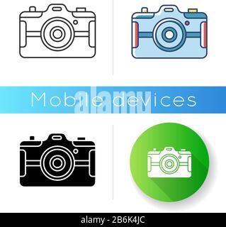 Digital still camera icon. Photography tool. Portable recording gadget. Photoshoot. Technology. Handheld electronic mobile device. Linear black and Stock Vector
