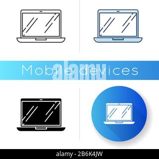 Open laptop icon. Portable computer. Compact electronic gadget. Netbook, notebook, ultrabook. Mobile device. Digital technology. Linear black and RGB Stock Vector