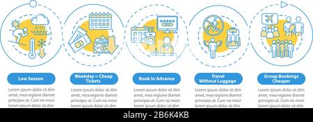 Affordable travel vector infographic template. Budget tourism tips presentation design elements. Data visualization with five steps. Process timeline Stock Vector