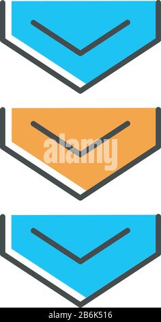 Scrolling down arrows button blue and orange RGB color icon. Three downward arrowheads. Downloading process indicator for web page. Scrolldown web Stock Vector