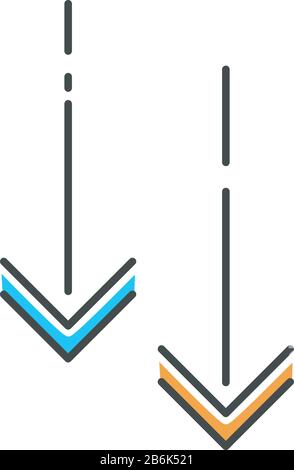 Moving down arrowheads blue and orange RGB color icon. Page browsing vertical direction. Scroll down arrows, website pointer. Scrolldown application Stock Vector