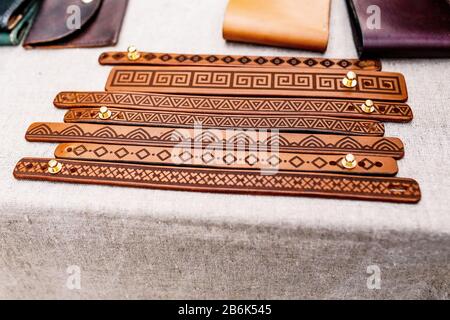 handmade leather bracelets for sale Stock Photo