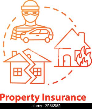 Property insurance concept icon. Builder protection. House robbery. Crime, theft. Weather disaster damage. Real estate idea thin line illustration Stock Vector