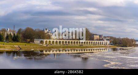 Yaroslavovo Yard and Torg is a historical architectural complex on the Trade side of Veliky Novgorod. Stock Photo