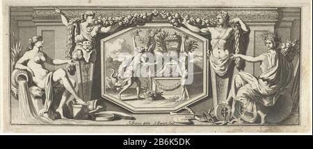 Three wood nymphs and a young woman at a tomb On a plaque depicts three wood nymphs and a young woman in a tomb. On either side of it two caryatids and Ceres opposite a watergodin. Manufacturer : print maker: Jacobus Baptist (indicated on object) to drawing of: Jan Goeree (indicated on object) Place manufacture: Amsterdam Date: 1693 - 1704 Physical characteristics: engra and etching material: paper Technique: etching / engra (printing process) Measurements: plate edge: h 90 mm × W 212 mm Subject: (story or), Ceres (Demeter) water gods: Neptune and its environment (HAMA) dryads, and forest-tree Stock Photo