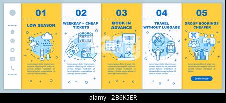 Money saving advice for tourists onboarding vector template. Affordable trip, low cost vacation tips, . Responsive mobile website with icons. Webpage Stock Vector