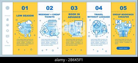 Money saving advice for tourists onboarding vector template. Affordable trip, low cost vacation tips, . Responsive mobile website with icons. Webpage Stock Vector