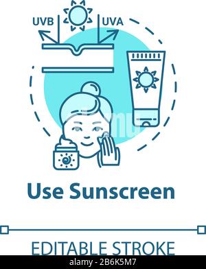 Use sunscreen, SPF cream, sunblock cosmetics concept icon. Skin care, sun protection products idea thin line illustration. Vector isolated outline RGB Stock Vector