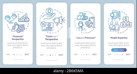 Financial perspective onboarding mobile app page screen with concepts. Human resources. Marketing walkthrough 4 steps graphic instructions. UI vector Stock Vector