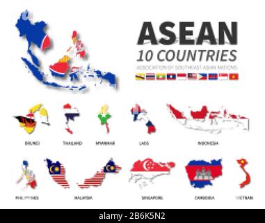 ASEAN . Association of Southeast Asian Nations . Set of flat design country map and national flag of member with shadow . White isolated background . Stock Vector