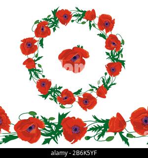 Hand drawn red poppy flowers clipart. Floral design elements seamless brush border and wreath. Isolated on white background. Vector illustration Stock Vector