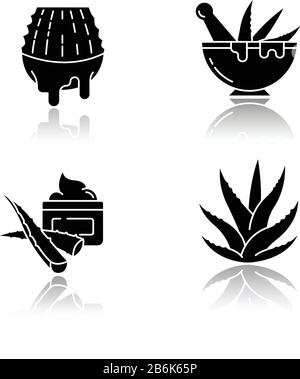 Aloe vera drop shadow black glyph icons set. Juice from cut succulent. Liquid from sliced cactus leaf. Mortar with pestle for botanical ingredients Stock Vector