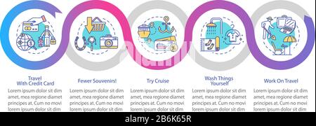 Money saving tips for tourists vector infographic template. Budget tourism presentation design elements. Data visualization with five steps. Process Stock Vector