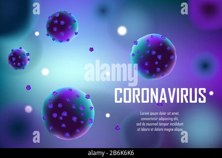 Realistic coronavirus medical outbreak background. Pandemic Coronavirus 2019-nCoV ad concept banner design. Virus cell molecule vector illustration. Stock Vector