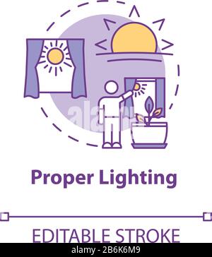 Proper lighting concept icon. Home gardening. Photosynthesis. Herbs cultivating. Adequate sunlight idea thin line illustration. Vector isolated Stock Vector