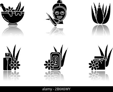 Aloe vera drop shadow black glyph icons set. Facial moisturizing mask. Spa treatment. Medicinal herbs for dermatology. Cosmetic product. Mortar, bowl Stock Vector