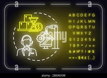 Internal processes neon light concept icon. Finance industry. Acquire customers. Optimization idea. Outer glowing sign with alphabet, numbers and Stock Vector