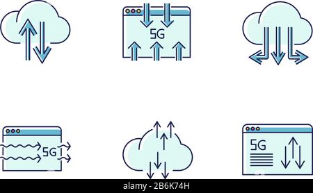 5G wireless technology RGB color icons set. Data transmission. Fast information exchange. Cloud computing. Mobile cellular network. Isolated vector Stock Vector