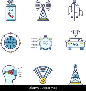 5G wireless technology RGB color icons set. Cell tower, improved phone calls. VR headset. Fast connection. Mobile cellular network. Isolated vector Stock Vector