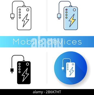 Power bank icon. Powerbank. Portable battery. Energy source. Pocket charging gadget. Handheld USB charger. Technology. Mobile device. Linear black and Stock Vector