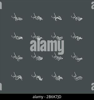 Nose smelling scent chalk white icons set on black background. Good and bad odor. Stinking stench. Evaporation flow. Fluid, perfume nice odour. Fume Stock Vector