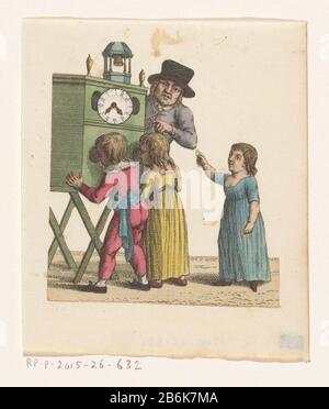 Three children on a viewing box A boy and looking a girl through the window of a check box on top is fitted with a bell and a dial. Besides housing, the owner, a man with a hat, a girl away stands facing the kijkkast. Manufacturer : creator: anonymous printmaker: anonymous Date: ca. 1800 - ca. 1899 Physical features: etching, colored by hand, cut and pasted ; pointer of sheet metal material: paper sheet metal Technique: etching / hand color / cut / paste dimensions: sheet: h 106 mm × b 90 mmToelichtingDe dial does not form part of the cut-out prent. Subject: peep-show performance in the open a Stock Photo