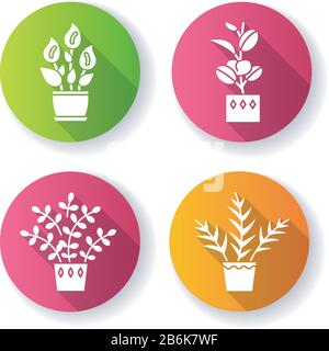 Indoor plants flat design long shadow glyph icons set. Houseplants. Domesticated plants. Natural home, office decor. Peace lily, zz plant. Parlor palm Stock Vector