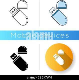 USB flash drive icon. Compact data storage device. Memory stick. Thumb drive, key. Transferring information. Small electronic gadget. Linear black and Stock Vector