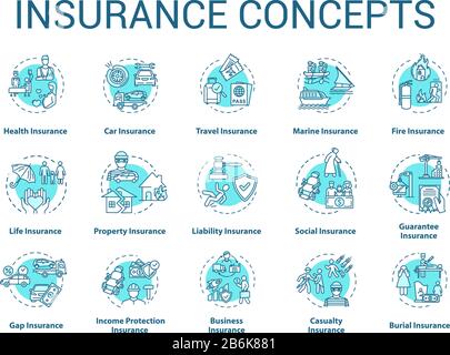 Insurance concept icons set. Protection from financial loss. Social coverage. Risk management idea thin line RGB color illustrations. Vector isolated Stock Vector