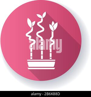 Lucky bamboo stems in pot pink flat design long shadow glyph icon. Dracaena sanderiana. Indoor exotic plant. Small tropical tree. Good feng shui Stock Vector
